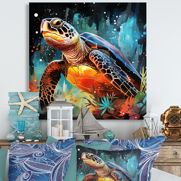 Graceful yellow and blue turtle swim - Turtle Canvas Wall Art